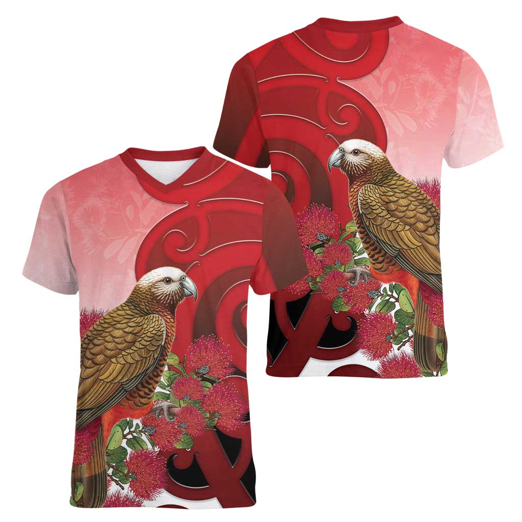 New Zealand Parrot Kaka Women V-Neck T-Shirt Maori Koru With Pohutukawa Flowers - Aussie Hoodie