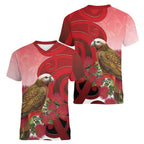 New Zealand Parrot Kaka Women V-Neck T-Shirt Maori Koru With Pohutukawa Flowers - Aussie Hoodie