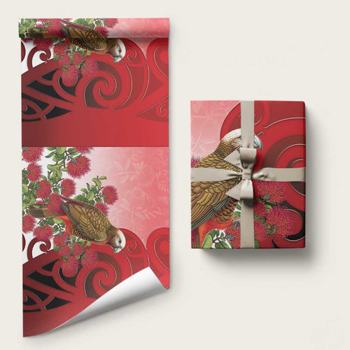 New Zealand Parrot Kaka Wrapping Paper Maori Koru With Pohutukawa Flowers