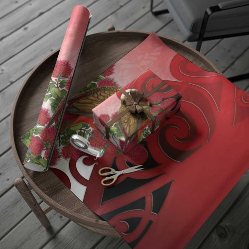 New Zealand Parrot Kaka Wrapping Paper Maori Koru With Pohutukawa Flowers