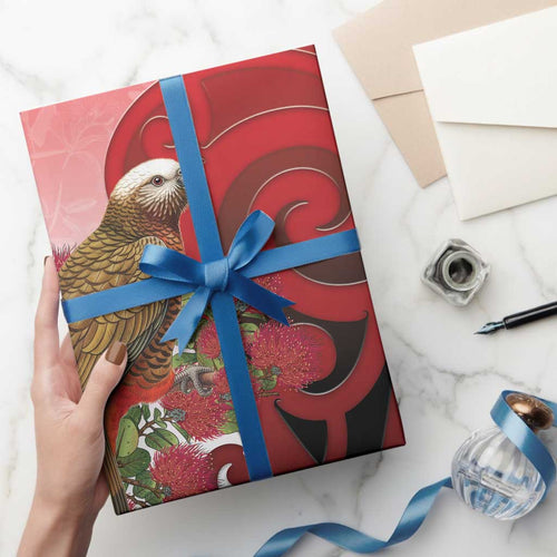 New Zealand Parrot Kaka Wrapping Paper Maori Koru With Pohutukawa Flowers