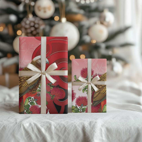 New Zealand Parrot Kaka Wrapping Paper Maori Koru With Pohutukawa Flowers