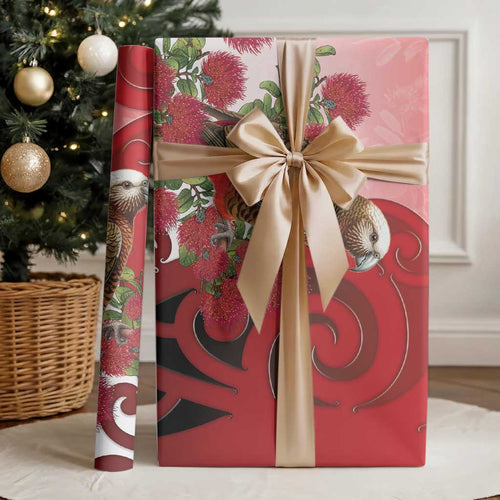 New Zealand Parrot Kaka Wrapping Paper Maori Koru With Pohutukawa Flowers