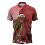 New Zealand Parrot Kaka Zipper Polo Shirt Maori Koru With Pohutukawa Flowers - Aussie Hoodie