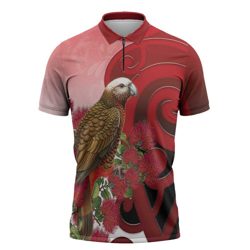 New Zealand Parrot Kaka Zipper Polo Shirt Maori Koru With Pohutukawa Flowers - Aussie Hoodie