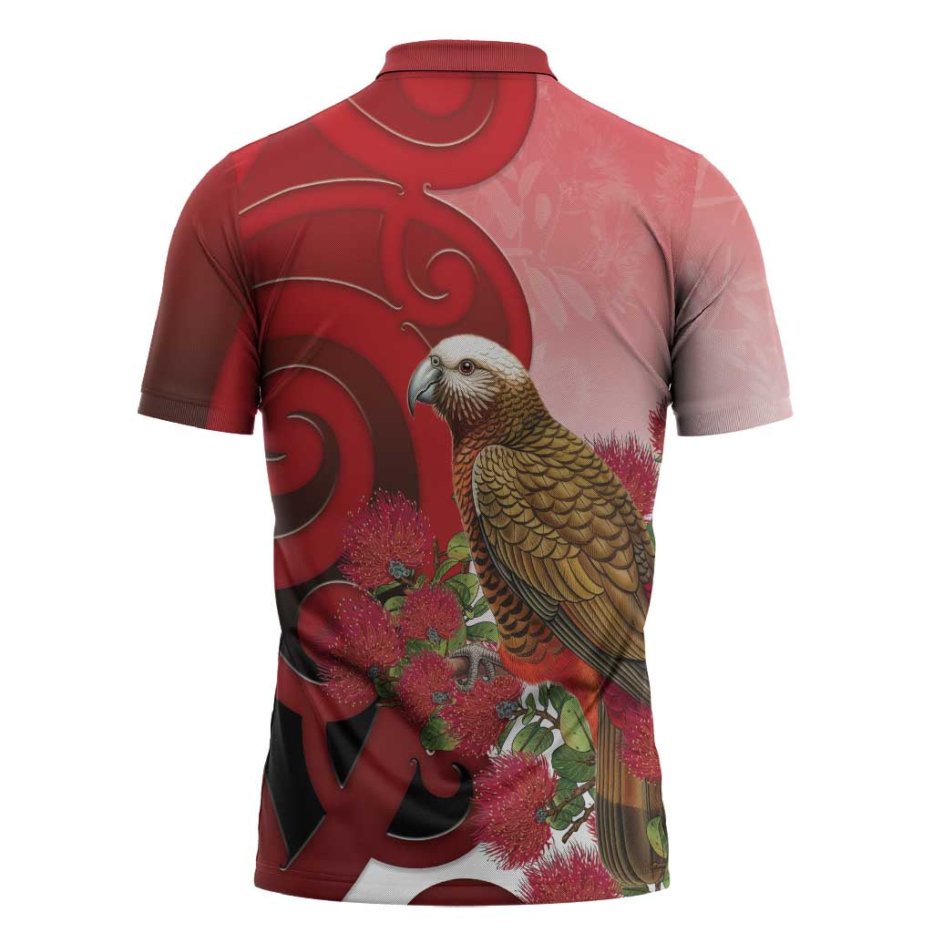 New Zealand Parrot Kaka Zipper Polo Shirt Maori Koru With Pohutukawa Flowers - Aussie Hoodie