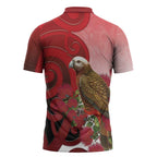 New Zealand Parrot Kaka Zipper Polo Shirt Maori Koru With Pohutukawa Flowers - Aussie Hoodie