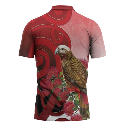 New Zealand Parrot Kaka Zipper Polo Shirt Maori Koru With Pohutukawa Flowers - Aussie Hoodie