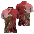 New Zealand Parrot Kaka Zipper Polo Shirt Maori Koru With Pohutukawa Flowers - Aussie Hoodie