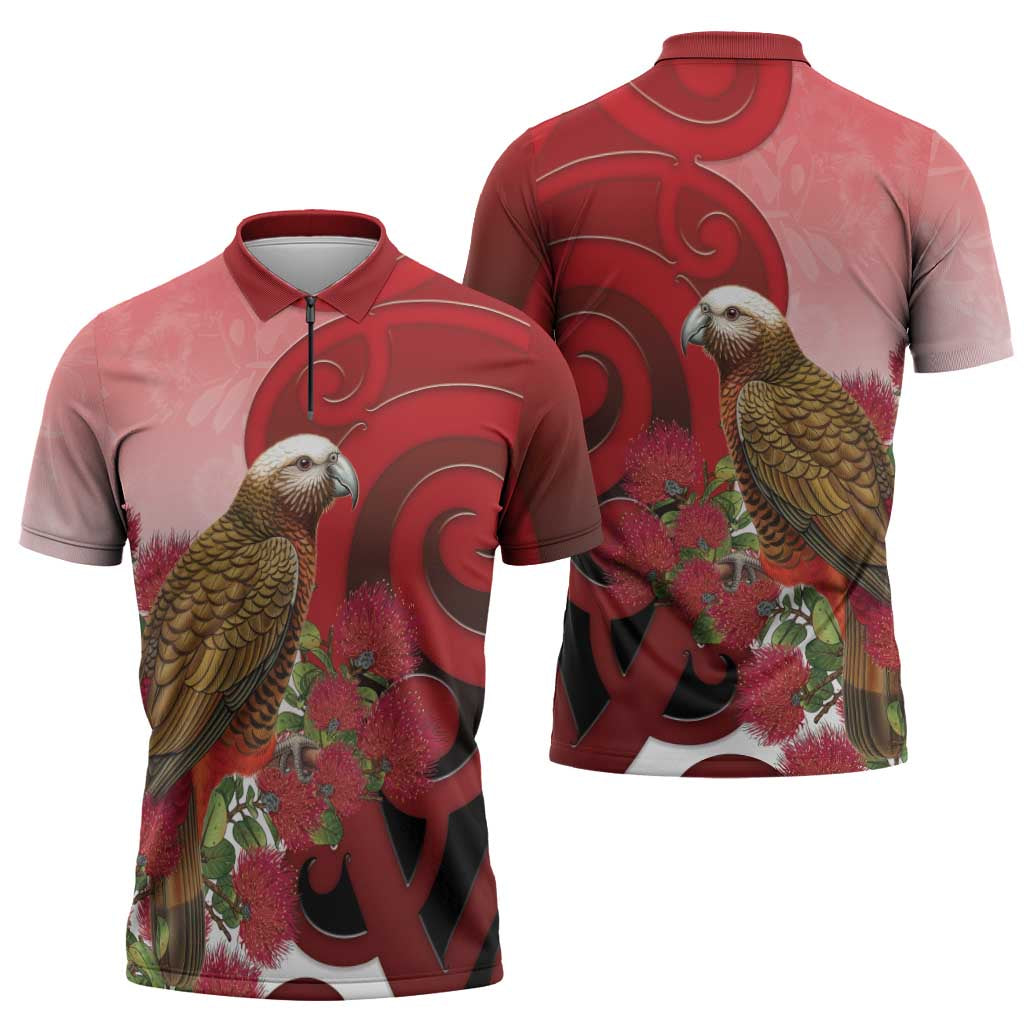 New Zealand Parrot Kaka Zipper Polo Shirt Maori Koru With Pohutukawa Flowers - Aussie Hoodie