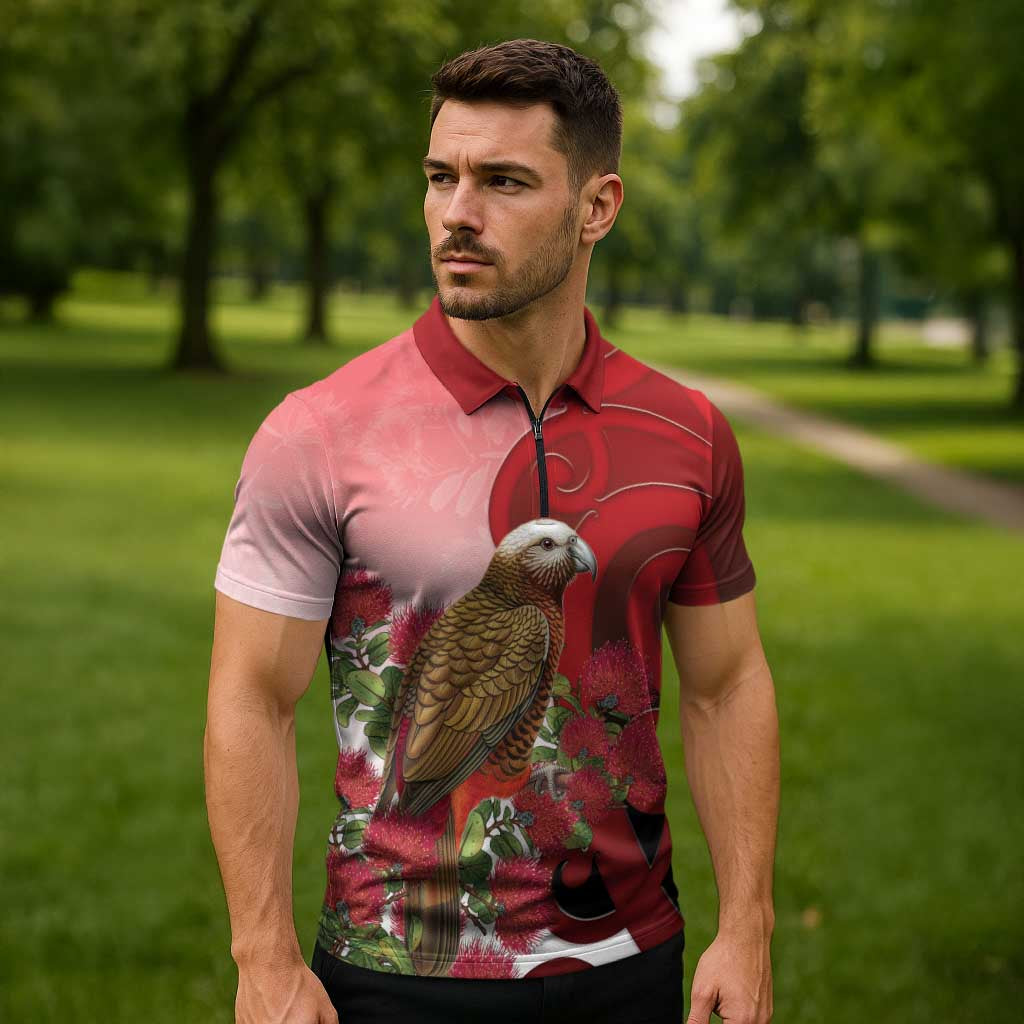 New Zealand Parrot Kaka Zipper Polo Shirt Maori Koru With Pohutukawa Flowers - Aussie Hoodie