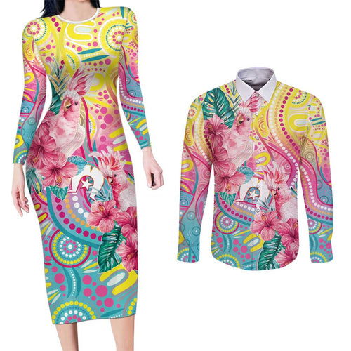 Australia Indigenous NAIDOC Week With Cockatoos Couples Matching Long Sleeve Bodycon Dress and Long Sleeve Button Shirt