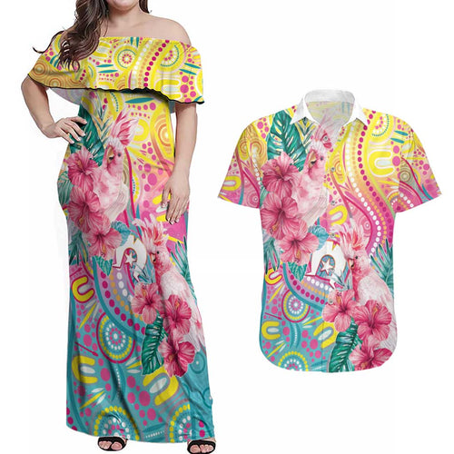 Australia Indigenous NAIDOC Week With Cockatoos Couples Matching Off Shoulder Maxi Dress and Hawaiian Shirt