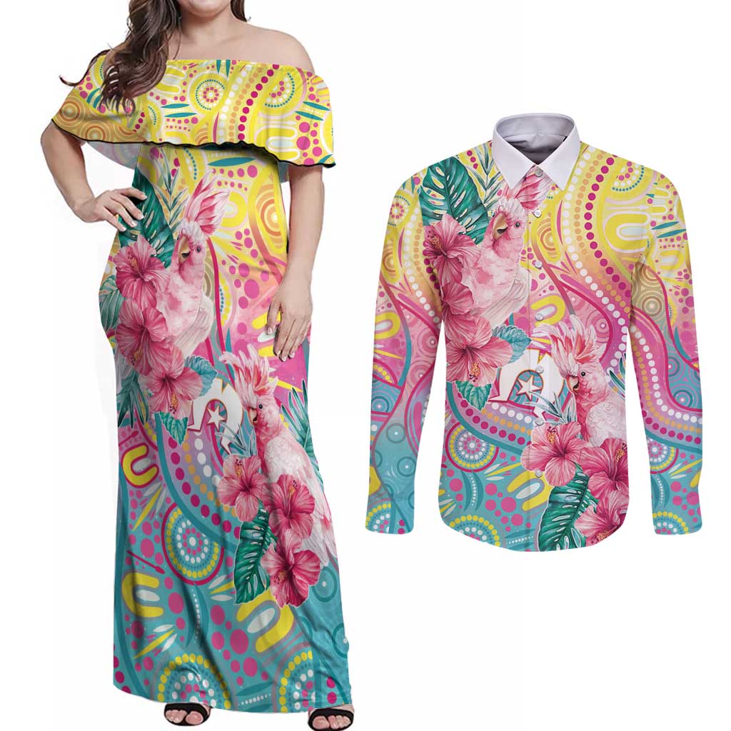 Australia Indigenous NAIDOC Week With Cockatoos Couples Matching Off Shoulder Maxi Dress and Long Sleeve Button Shirt