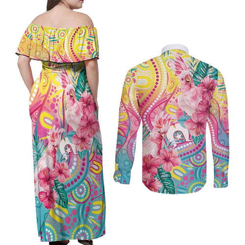 Australia Indigenous NAIDOC Week With Cockatoos Couples Matching Off Shoulder Maxi Dress and Long Sleeve Button Shirt