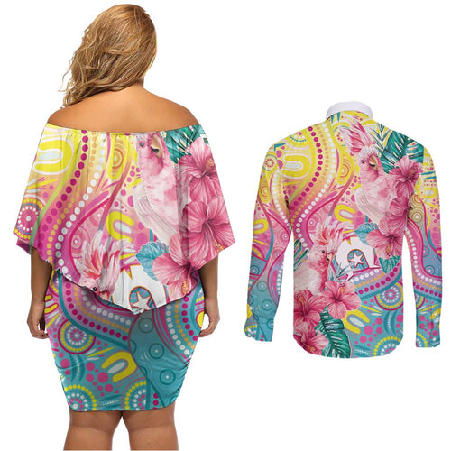 Australia Indigenous NAIDOC Week With Cockatoos Couples Matching Off Shoulder Short Dress and Long Sleeve Button Shirt