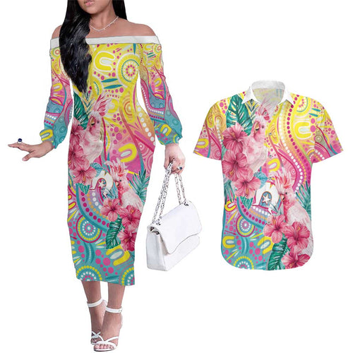 Australia Indigenous NAIDOC Week With Cockatoos Couples Matching Off The Shoulder Long Sleeve Dress and Hawaiian Shirt