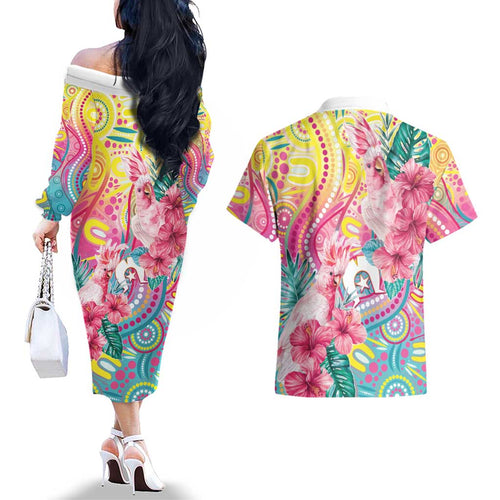 Australia Indigenous NAIDOC Week With Cockatoos Couples Matching Off The Shoulder Long Sleeve Dress and Hawaiian Shirt