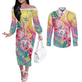 Australia Indigenous NAIDOC Week With Cockatoos Couples Matching Off The Shoulder Long Sleeve Dress and Long Sleeve Button Shirt