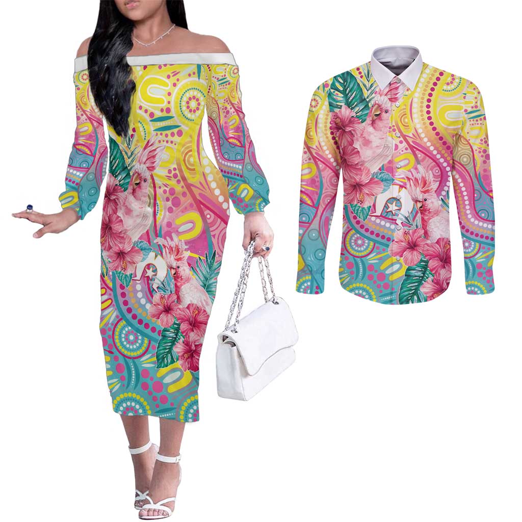 Australia Indigenous NAIDOC Week With Cockatoos Couples Matching Off The Shoulder Long Sleeve Dress and Long Sleeve Button Shirt