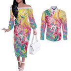 Australia Indigenous NAIDOC Week With Cockatoos Couples Matching Off The Shoulder Long Sleeve Dress and Long Sleeve Button Shirt