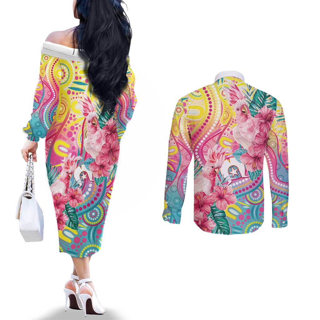 Australia Indigenous NAIDOC Week With Cockatoos Couples Matching Off The Shoulder Long Sleeve Dress and Long Sleeve Button Shirt