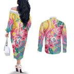 Australia Indigenous NAIDOC Week With Cockatoos Couples Matching Off The Shoulder Long Sleeve Dress and Long Sleeve Button Shirt