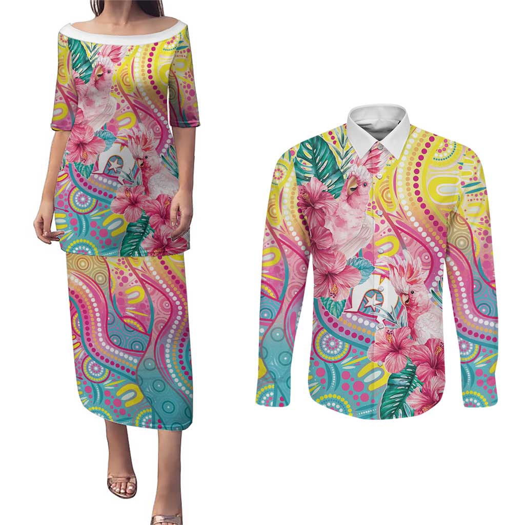Australia Indigenous NAIDOC Week With Cockatoos Couples Matching Puletasi and Long Sleeve Button Shirt