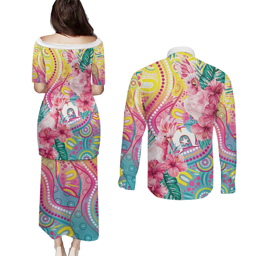 Australia Indigenous NAIDOC Week With Cockatoos Couples Matching Puletasi and Long Sleeve Button Shirt