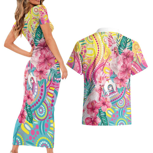 Australia Indigenous NAIDOC Week With Cockatoos Couples Matching Short Sleeve Bodycon Dress and Hawaiian Shirt
