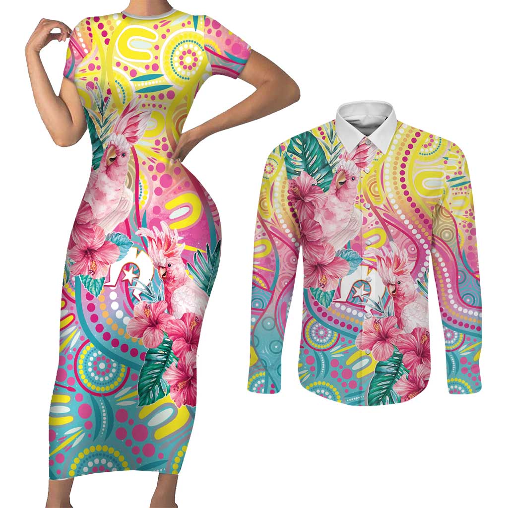 Australia Indigenous NAIDOC Week With Cockatoos Couples Matching Short Sleeve Bodycon Dress and Long Sleeve Button Shirt