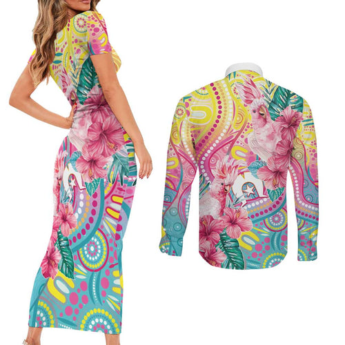 Australia Indigenous NAIDOC Week With Cockatoos Couples Matching Short Sleeve Bodycon Dress and Long Sleeve Button Shirt