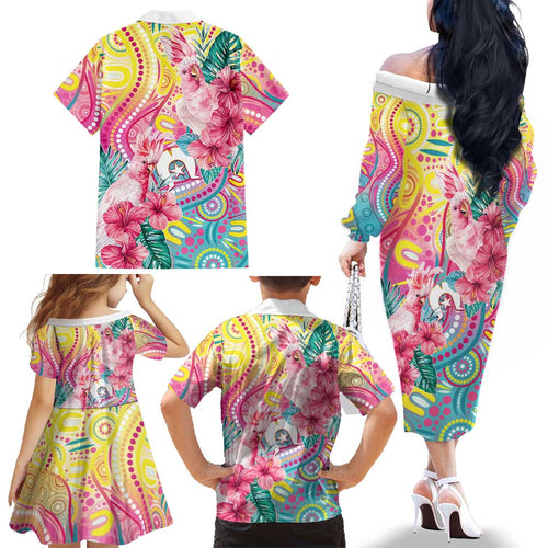 Australia Indigenous NAIDOC Week With Cockatoos Family Matching Off The Shoulder Long Sleeve Dress and Hawaiian Shirt