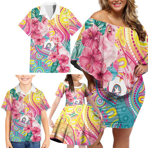 Australia Indigenous NAIDOC Week With Cockatoos Family Matching Off Shoulder Short Dress and Hawaiian Shirt
