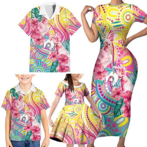 Australia Indigenous NAIDOC Week With Cockatoos Family Matching Short Sleeve Bodycon Dress and Hawaiian Shirt