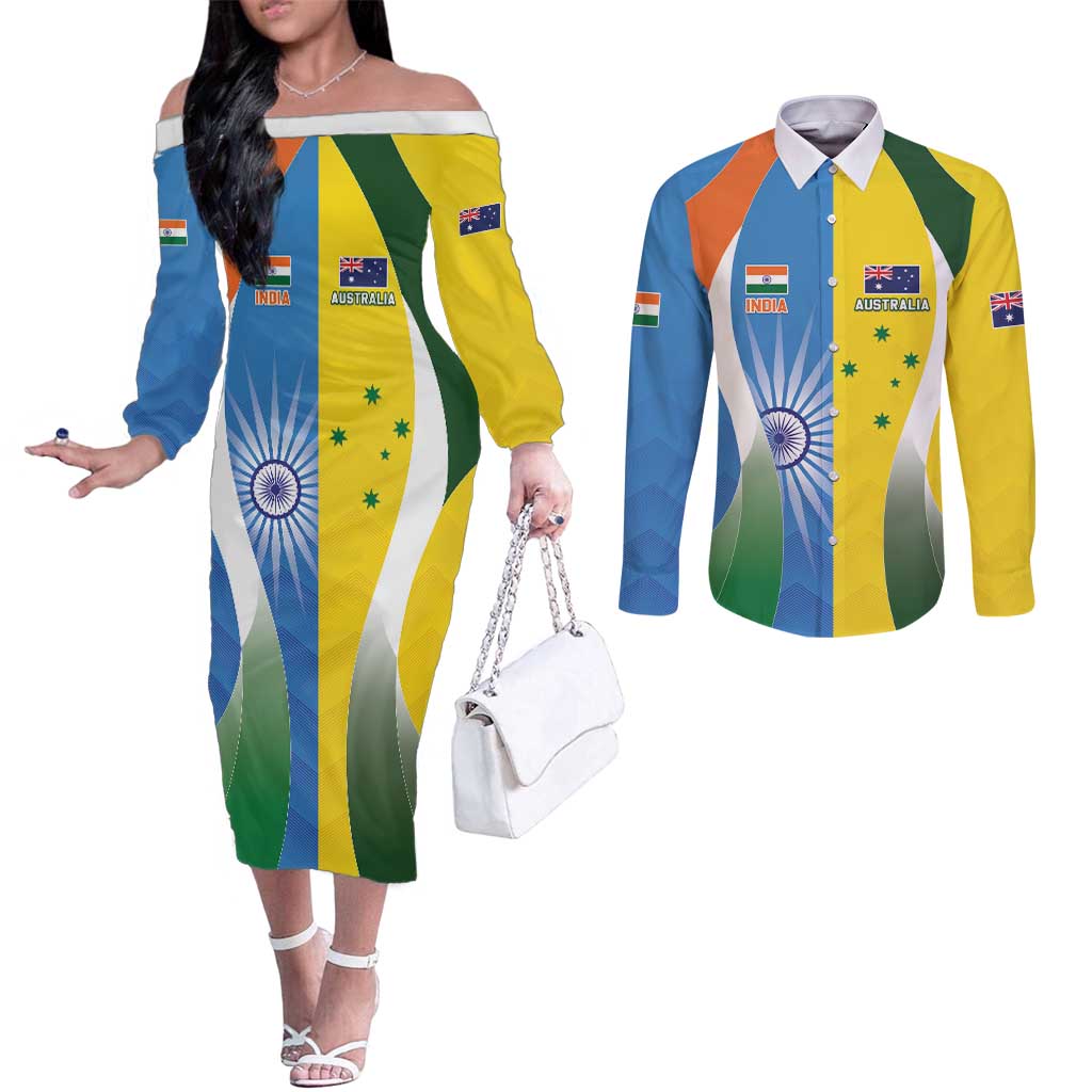 Custom India Vs Australia Cricket Couples Matching Off The Shoulder Long Sleeve Dress and Long Sleeve Button Shirt Final Matchup - Aussie Hoodie