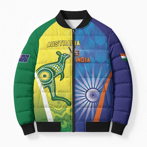 Custom Australia And India Cricket Bomber Puffer Jacket Ashoka Chakra With Aboriginal - Aussie Hoodie