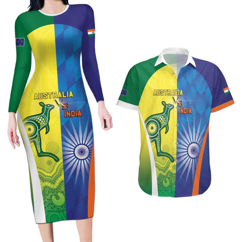 Custom Australia And India Cricket Couples Matching Long Sleeve Bodycon Dress and Hawaiian Shirt Ashoka Chakra With Aboriginal - Aussie Hoodie