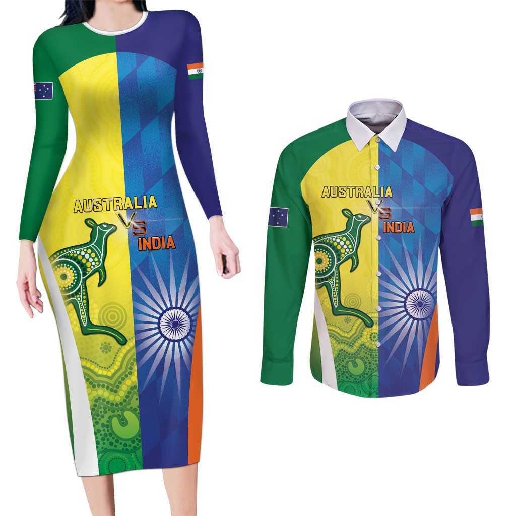 Custom Australia And India Cricket Couples Matching Long Sleeve Bodycon Dress and Long Sleeve Button Shirt Ashoka Chakra With Aboriginal - Aussie Hoodie