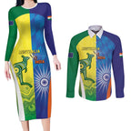 Custom Australia And India Cricket Couples Matching Long Sleeve Bodycon Dress and Long Sleeve Button Shirt Ashoka Chakra With Aboriginal - Aussie Hoodie