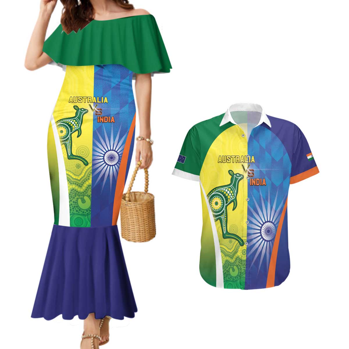Custom Australia And India Cricket Couples Matching Mermaid Dress and Hawaiian Shirt Ashoka Chakra With Aboriginal - Aussie Hoodie