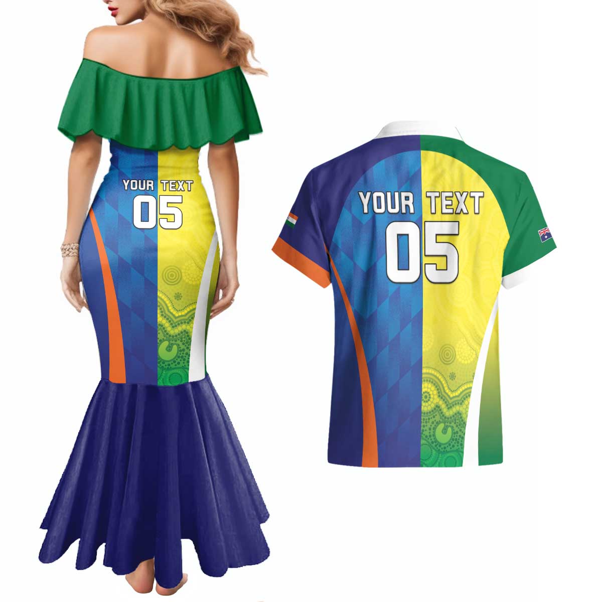 Custom Australia And India Cricket Couples Matching Mermaid Dress and Hawaiian Shirt Ashoka Chakra With Aboriginal - Aussie Hoodie
