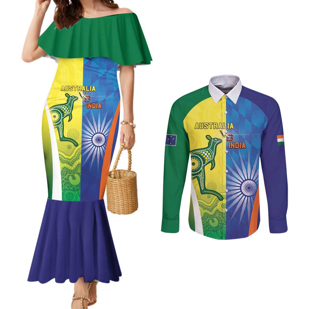 Custom Australia And India Cricket Couples Matching Mermaid Dress and Long Sleeve Button Shirt Ashoka Chakra With Aboriginal - Aussie Hoodie