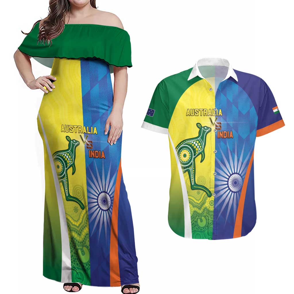 Custom Australia And India Cricket Couples Matching Off Shoulder Maxi Dress and Hawaiian Shirt Ashoka Chakra With Aboriginal - Aussie Hoodie