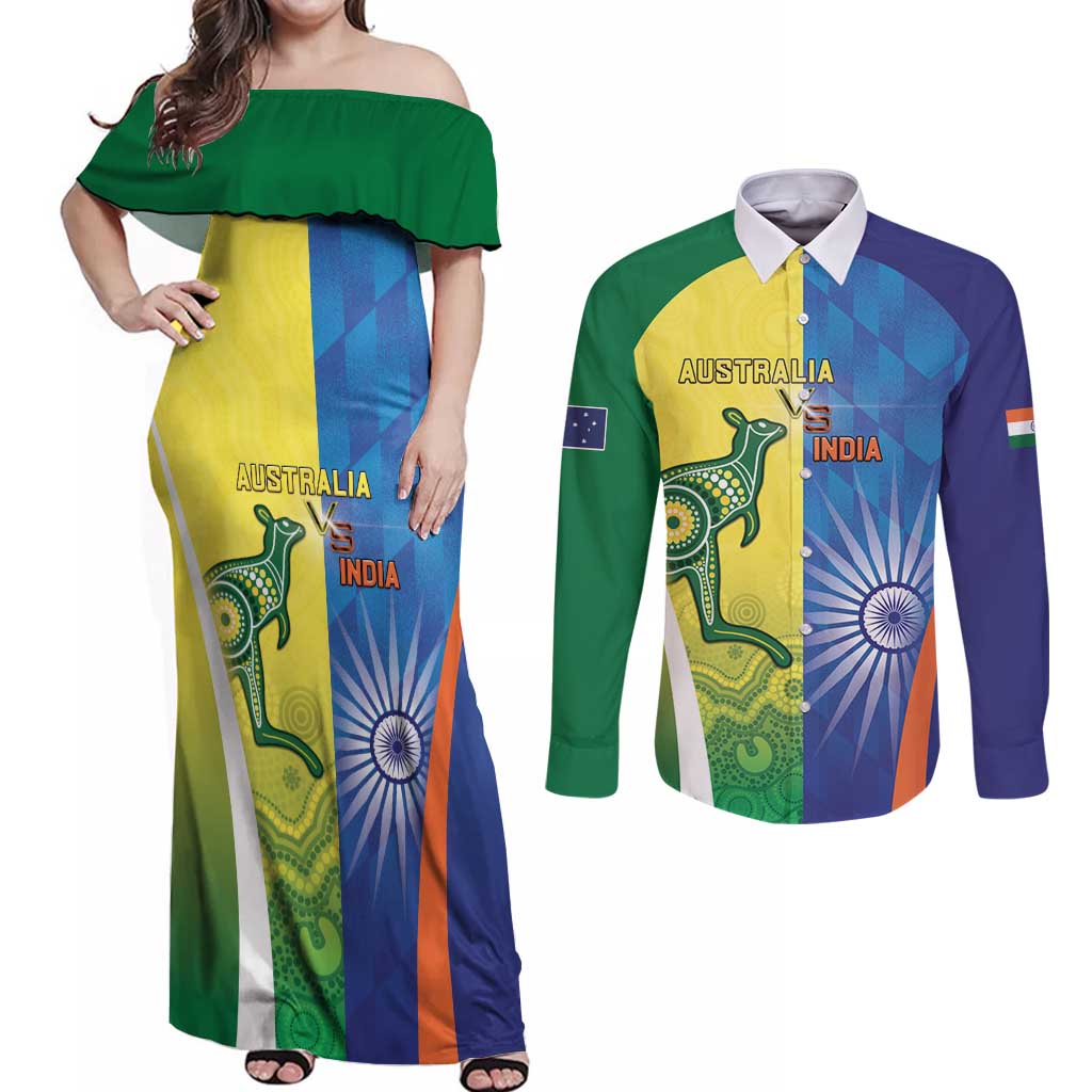 Custom Australia And India Cricket Couples Matching Off Shoulder Maxi Dress and Long Sleeve Button Shirt Ashoka Chakra With Aboriginal - Aussie Hoodie
