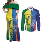 Custom Australia And India Cricket Couples Matching Off Shoulder Maxi Dress and Long Sleeve Button Shirt Ashoka Chakra With Aboriginal - Aussie Hoodie