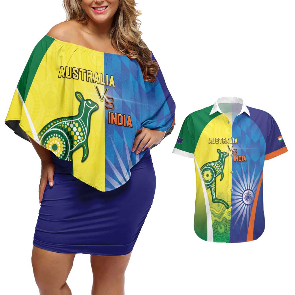 Custom Australia And India Cricket Couples Matching Off Shoulder Short Dress and Hawaiian Shirt Ashoka Chakra With Aboriginal - Aussie Hoodie