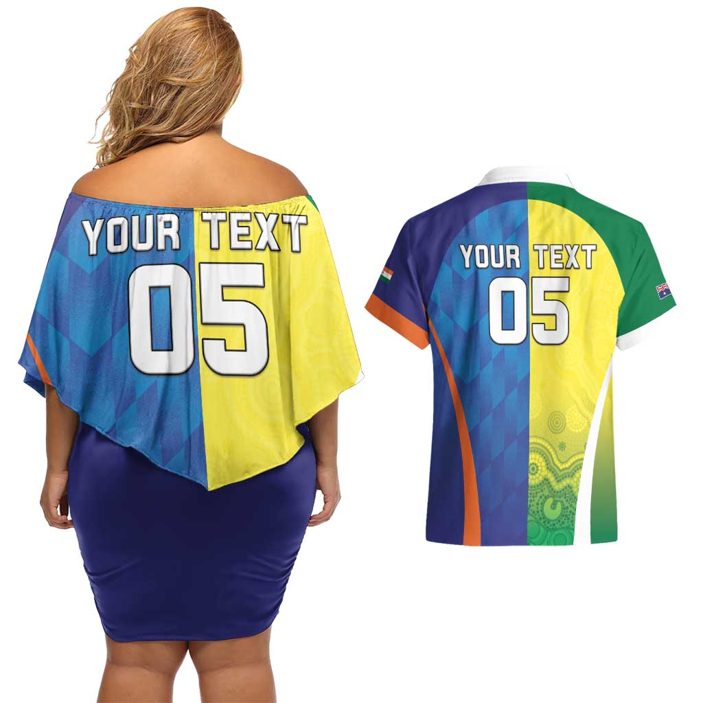 Custom Australia And India Cricket Couples Matching Off Shoulder Short Dress and Hawaiian Shirt Ashoka Chakra With Aboriginal - Aussie Hoodie