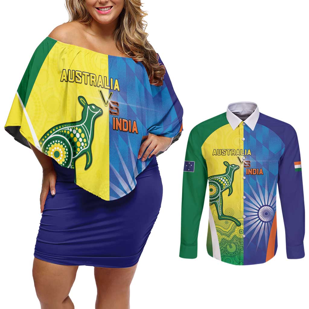 Custom Australia And India Cricket Couples Matching Off Shoulder Short Dress and Long Sleeve Button Shirt Ashoka Chakra With Aboriginal - Aussie Hoodie