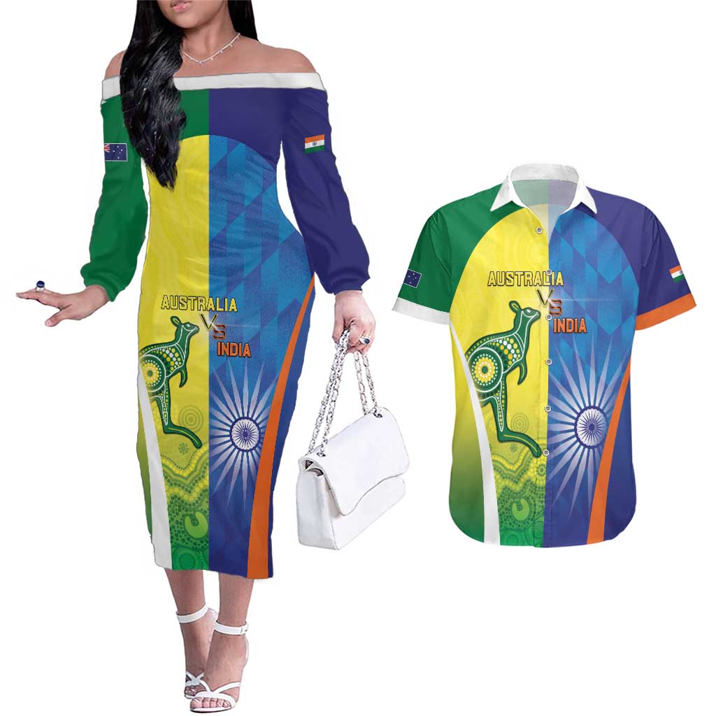 Custom Australia And India Cricket Couples Matching Off The Shoulder Long Sleeve Dress and Hawaiian Shirt Ashoka Chakra With Aboriginal - Aussie Hoodie